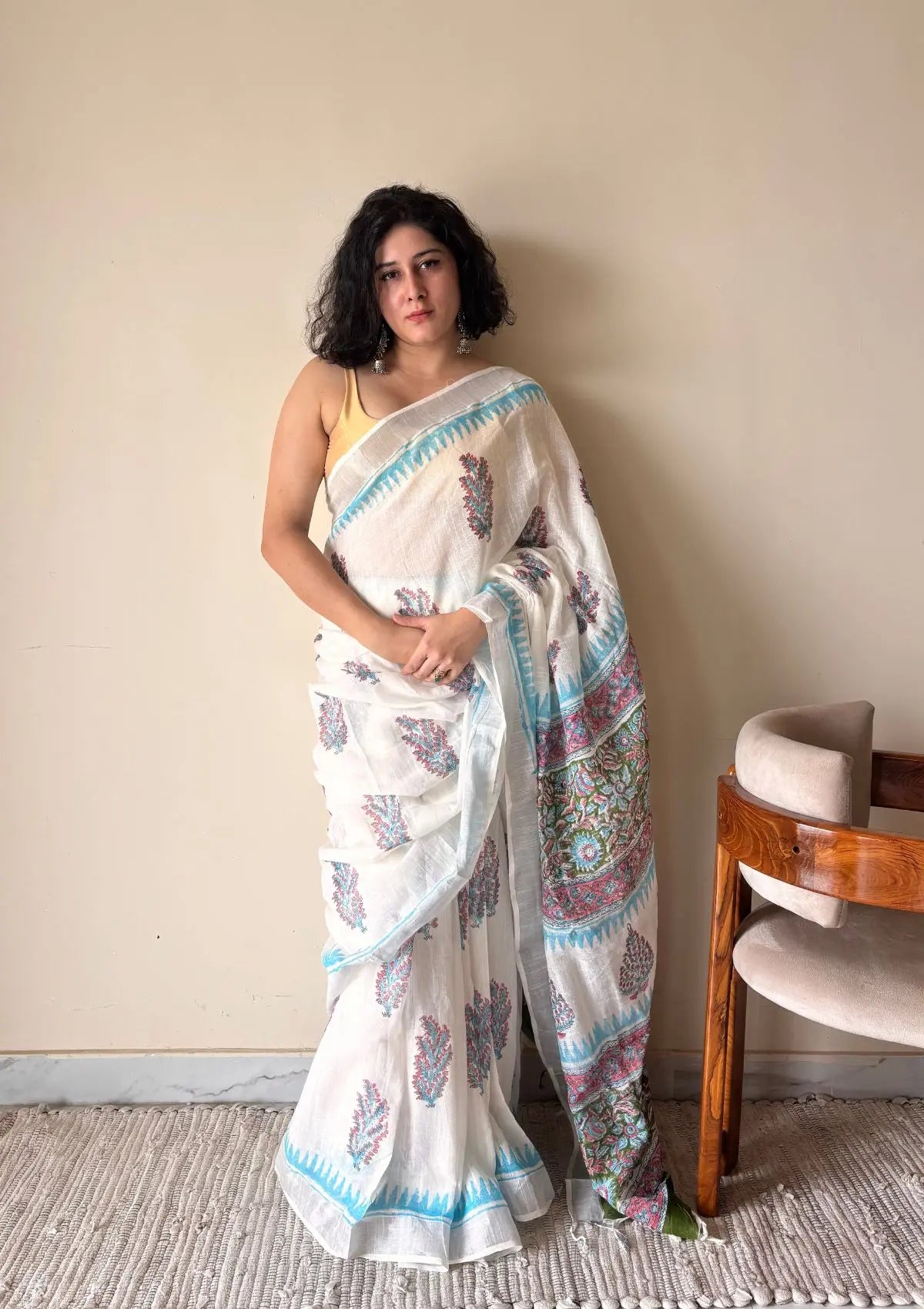 Hansini Linen Cotton Bagru Handblock Printed Saree | White Blue