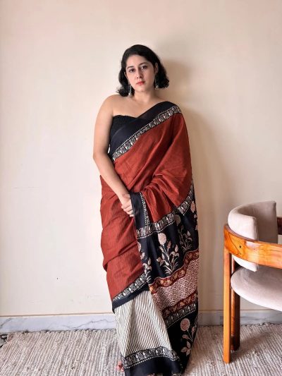 Leela Cotton Bagru Handblock Printed Saree | Red Black