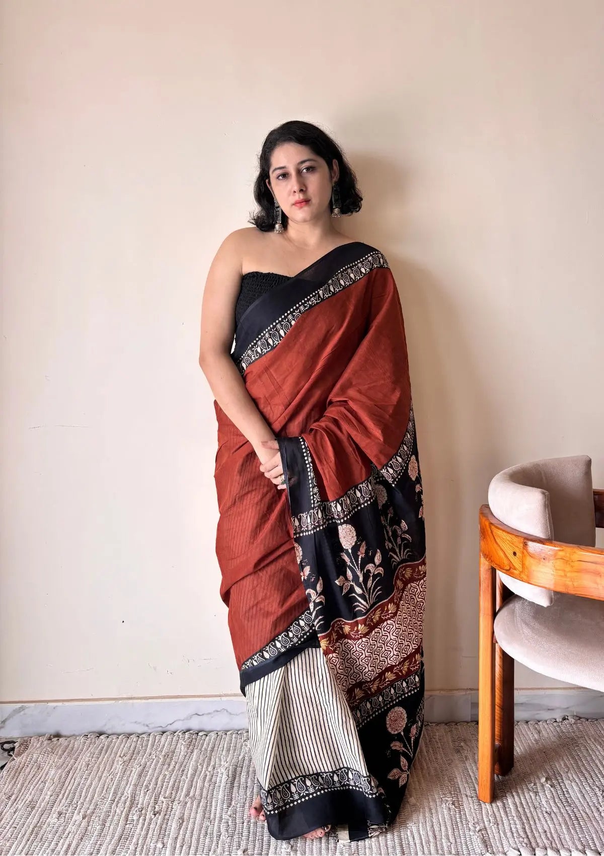 Leela Cotton Bagru Handblock Printed Saree | Red Black