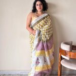 Basanti Linen Cotton Bagru Handblock Printed Saree | Yellow White