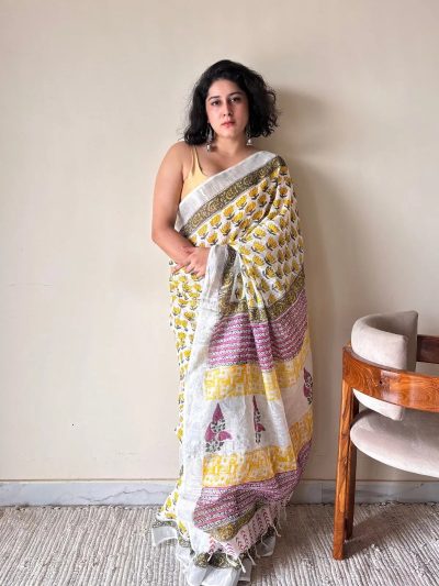 Basanti Linen Cotton Bagru Handblock Printed Saree | Yellow White