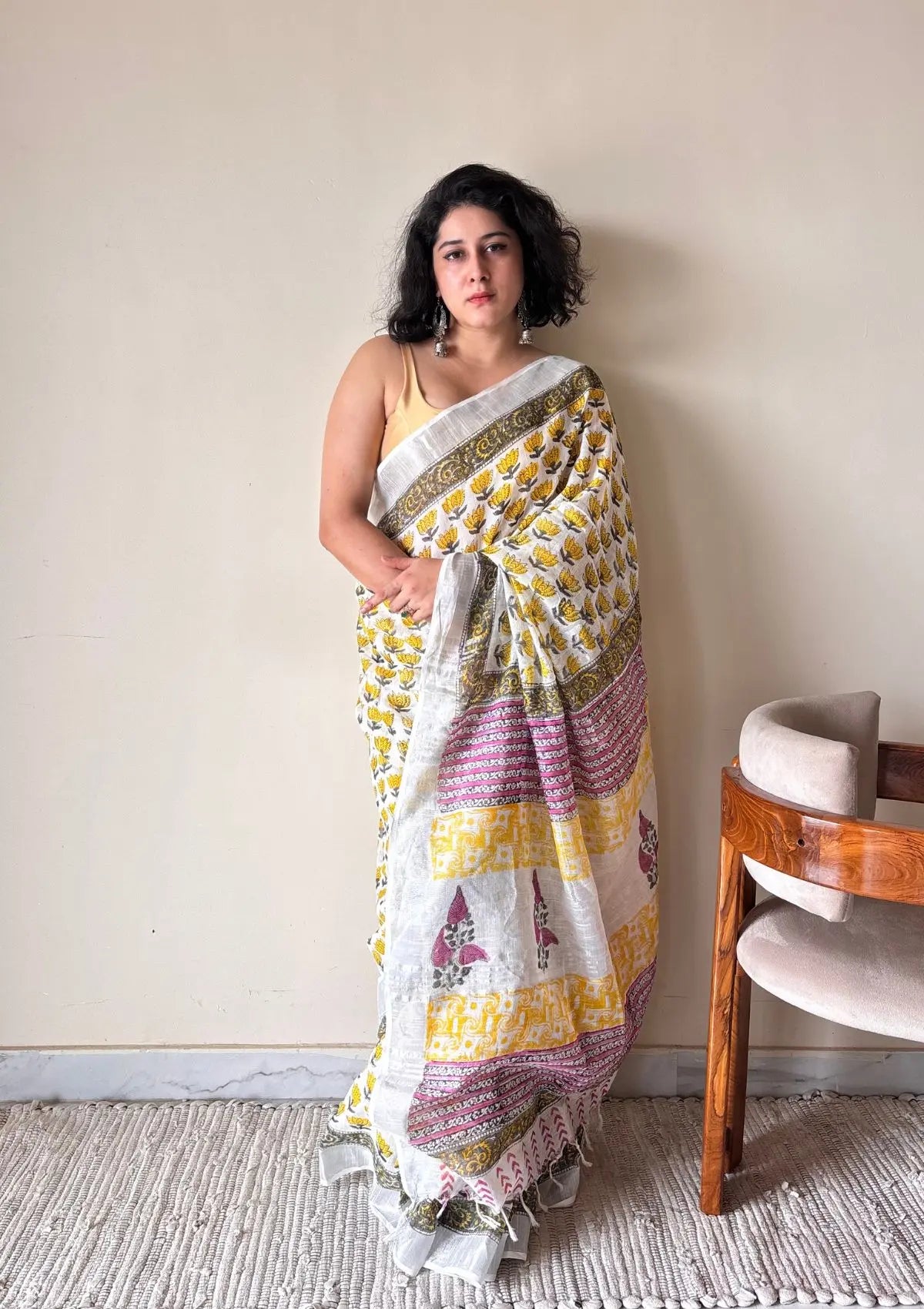 Basanti Linen Cotton Bagru Handblock Printed Saree | Yellow White