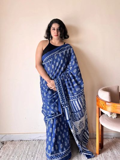 Nilambari Indigo Cotton Bagru Handblock Printed Saree | Blue