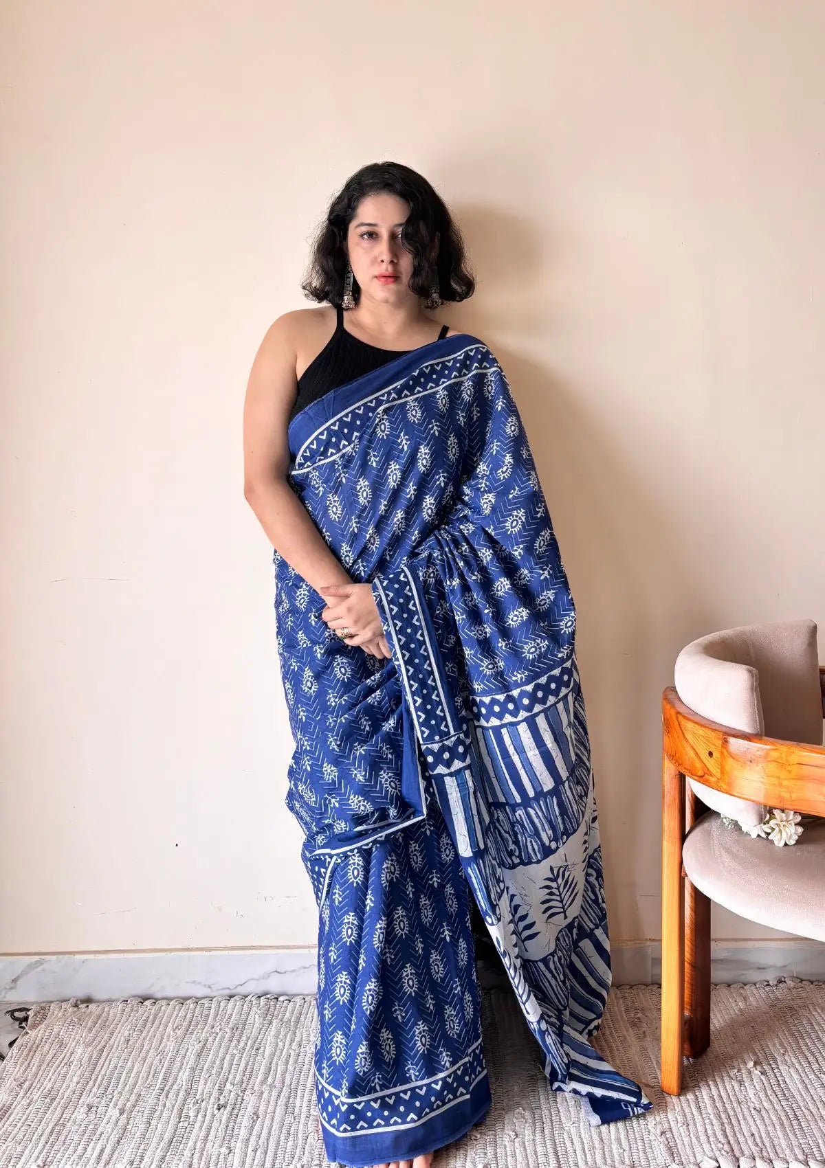 Nilambari Indigo Cotton Bagru Handblock Printed Saree | Blue