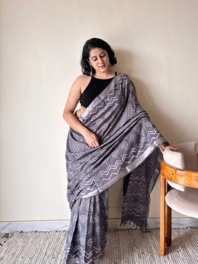 Soma – Cotton Dabu Handblock Printed Saree | Grey