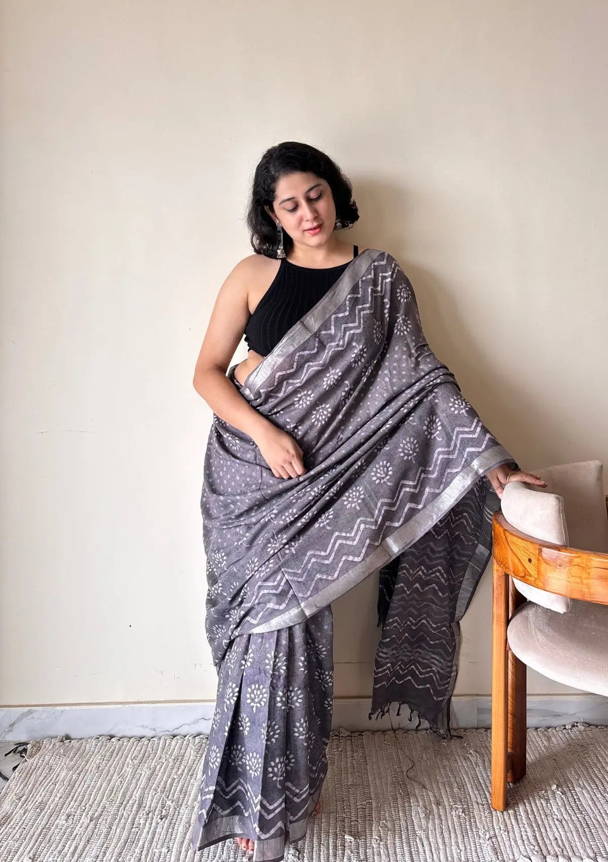 Soma – Cotton Dabu Handblock Printed Saree | Grey