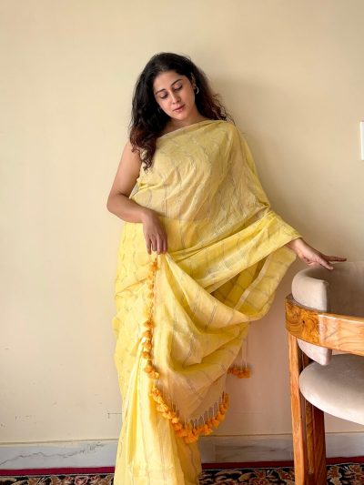 Harini Yellow Mulmul Cotton Gold Zari Striped Saree