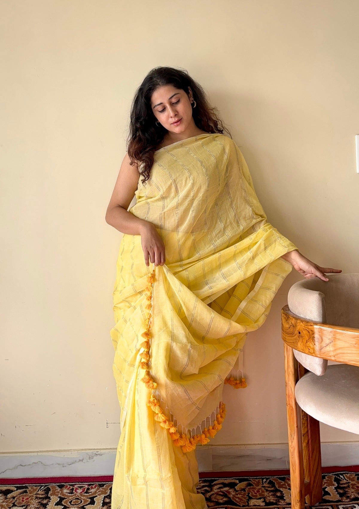 Harini Yellow Mulmul Cotton Gold Zari Striped Saree