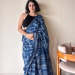 Varuni Indigo Linen Cotton Bagru Handblock Printed Saree | Blue