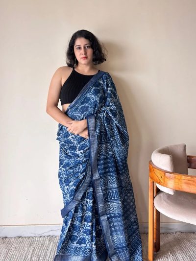 Varuni Indigo Linen Cotton Bagru Handblock Printed Saree | Blue