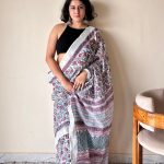 Bahaar Linen Cotton Bagru Handblock Printed Saree | Pink White