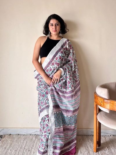 Bahaar Linen Cotton Bagru Handblock Printed Saree | Pink White