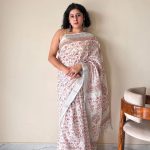 Manjiri Linen Cotton Bagru Handblock Printed Saree | White Pink