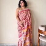 Kasturi Linen Cotton Bagru Handblock Printed Saree | Peach