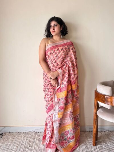 Kasturi Linen Cotton Bagru Handblock Printed Saree | Peach