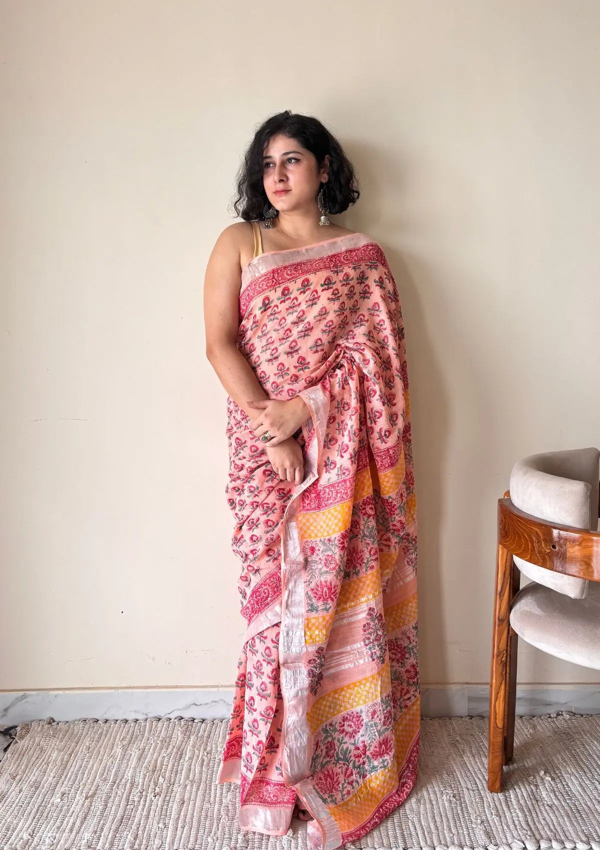 Kasturi Linen Cotton Bagru Handblock Printed Saree | Peach