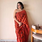 Gulmohar Cotton Bagru Handblock Printed Saree | Red, Black