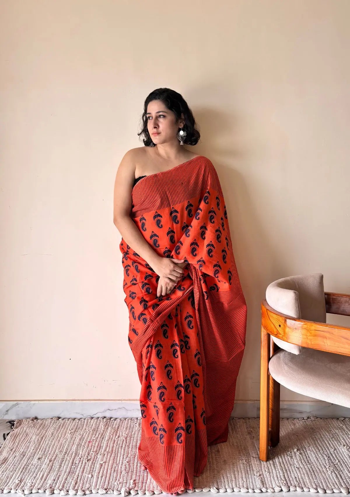 Gulmohar Cotton Bagru Handblock Printed Saree | Red, Black