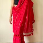 Rooh Red Mul Cotton Gold Sequin Stripe Saree