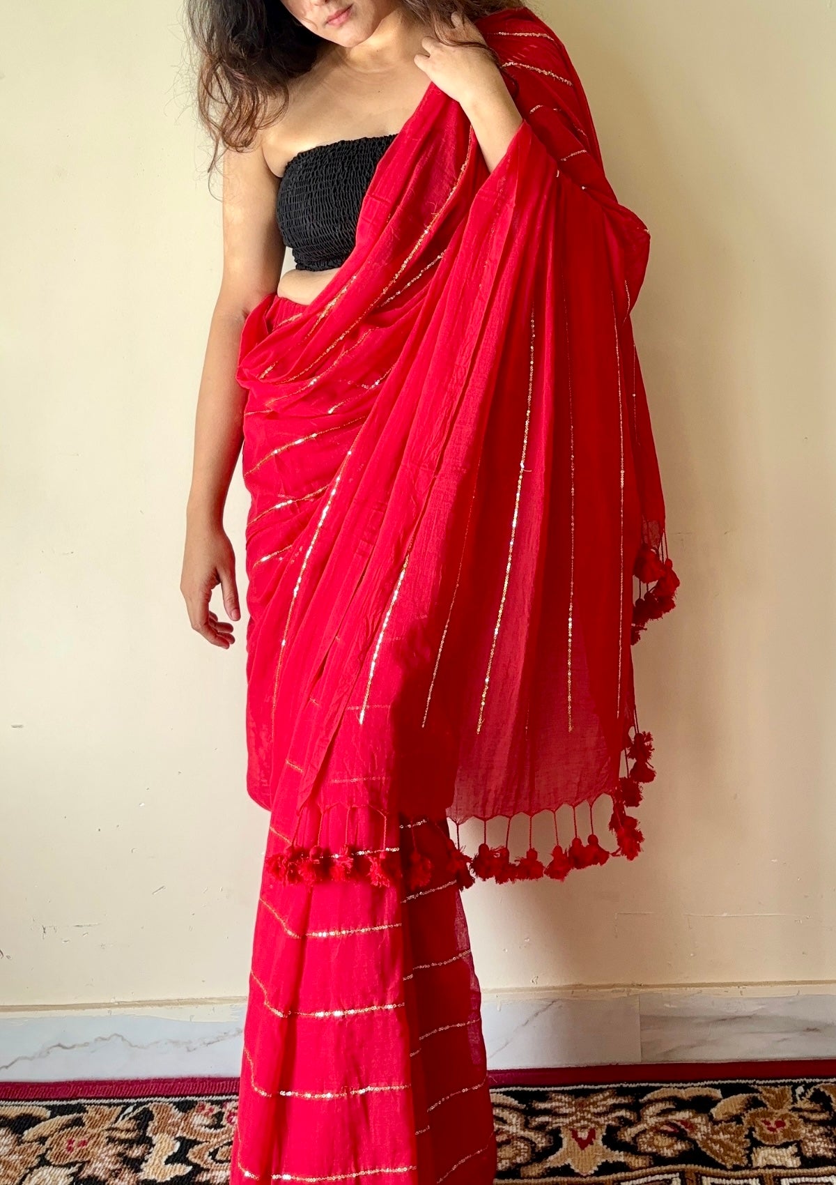 Rooh Red Mul Cotton Gold Sequin Stripe Saree