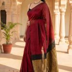 Tarini Maroon and Black Cotton Saree with Gold Tissue Border
