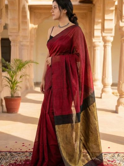 Tarini Maroon and Black Cotton Saree with Gold Tissue Border