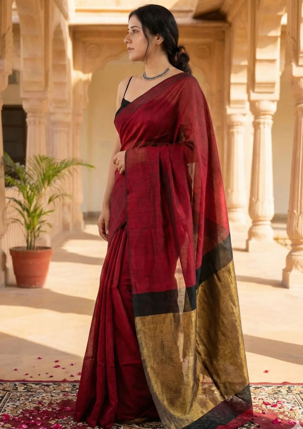 Tarini Maroon and Black Cotton Saree with Gold Tissue Border