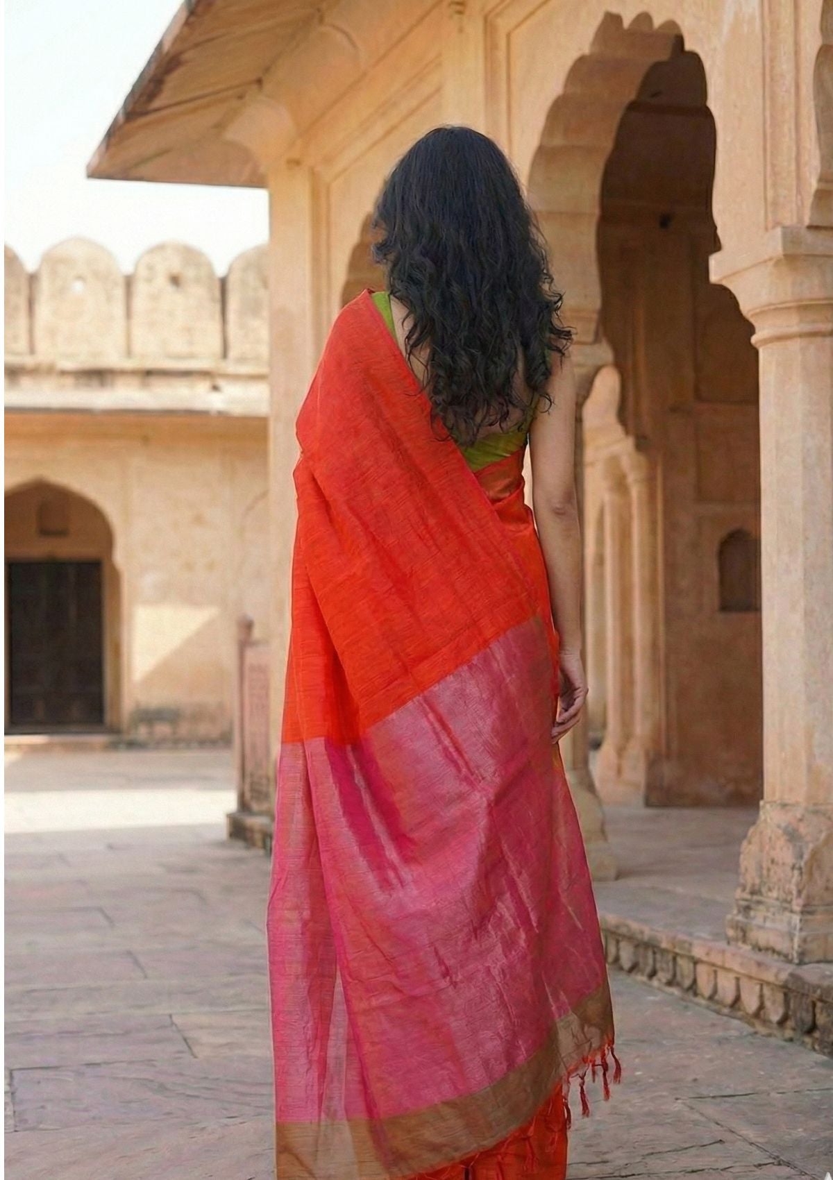 Sanjhvi Orange with Pink Tissue Pallu Pure Cotton Saree