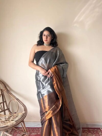 Aadhya – Metallic Silver Handloom Cotton Tissue Saree with Copper Accents