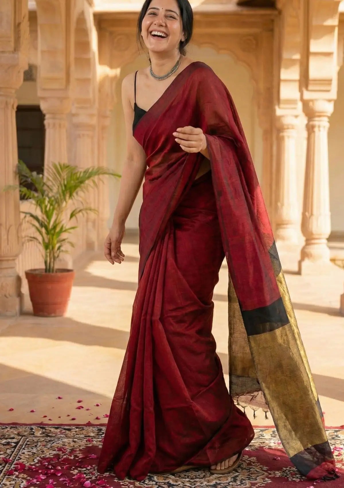 Tarini Maroon and Black Cotton Saree with Gold Tissue Border