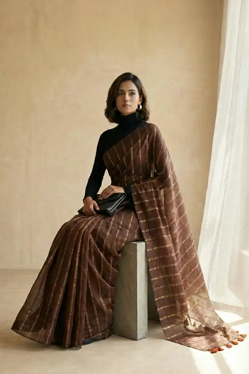Vedika Chocolate Brown Mulmul Cotton Saree