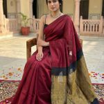 Tarini Maroon and Black Cotton Saree with Gold Tissue Border