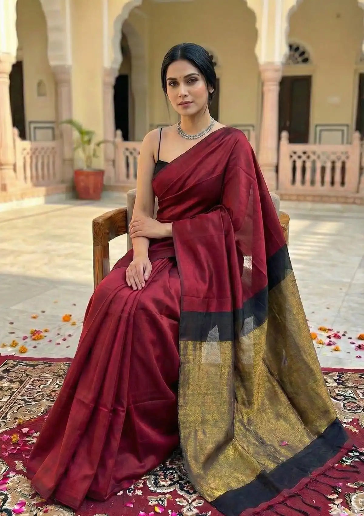 Tarini Maroon and Black Cotton Saree with Gold Tissue Border