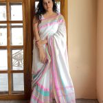 Chandrika White Handloom Cotton Saree with Pink & Green Temple Border