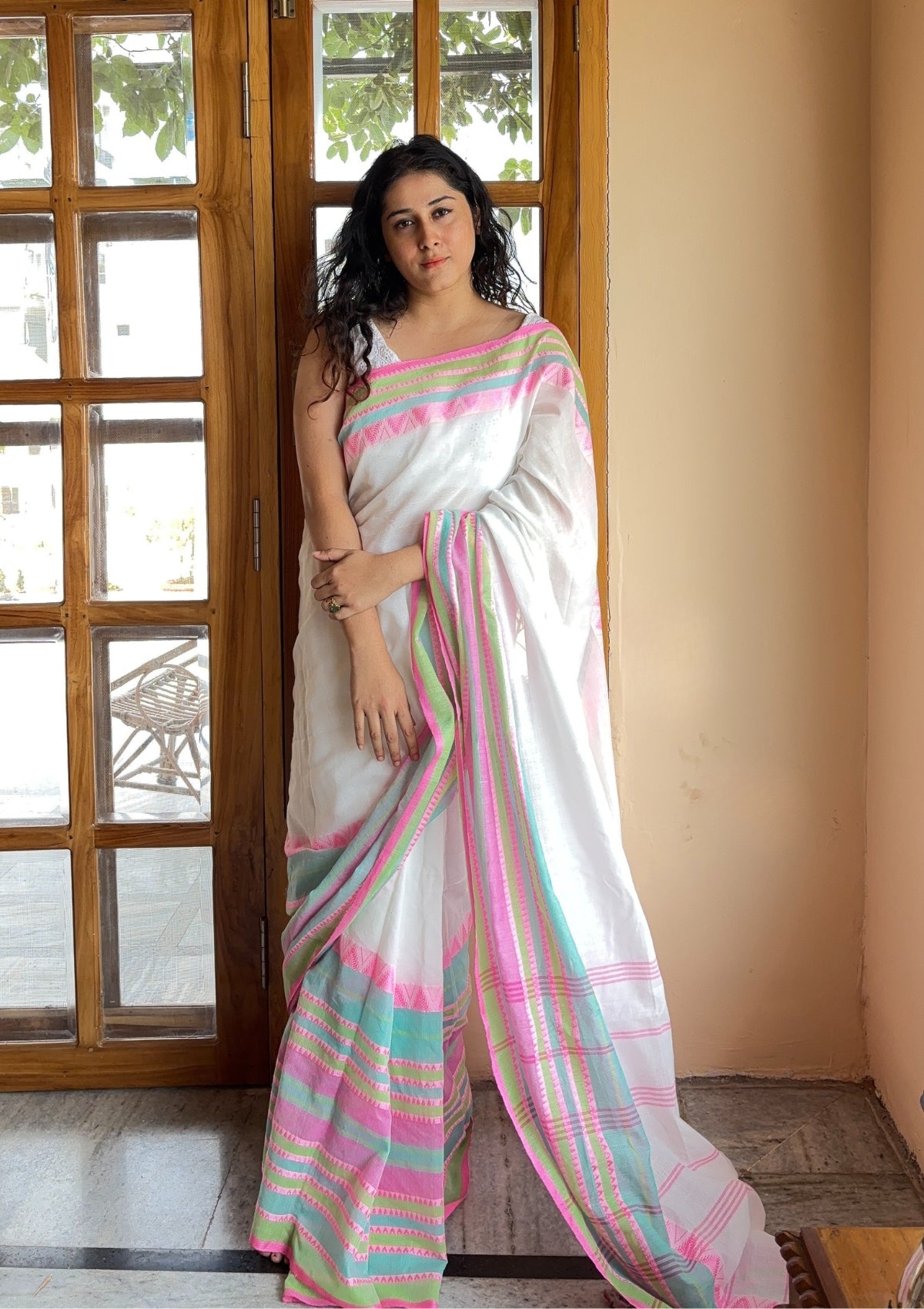 Chandrika White Handloom Cotton Saree with Pink & Green Temple Border