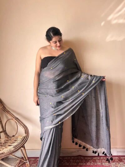 Vrishti | Charcoal Grey Handloom Cotton Saree with Sequin Details
