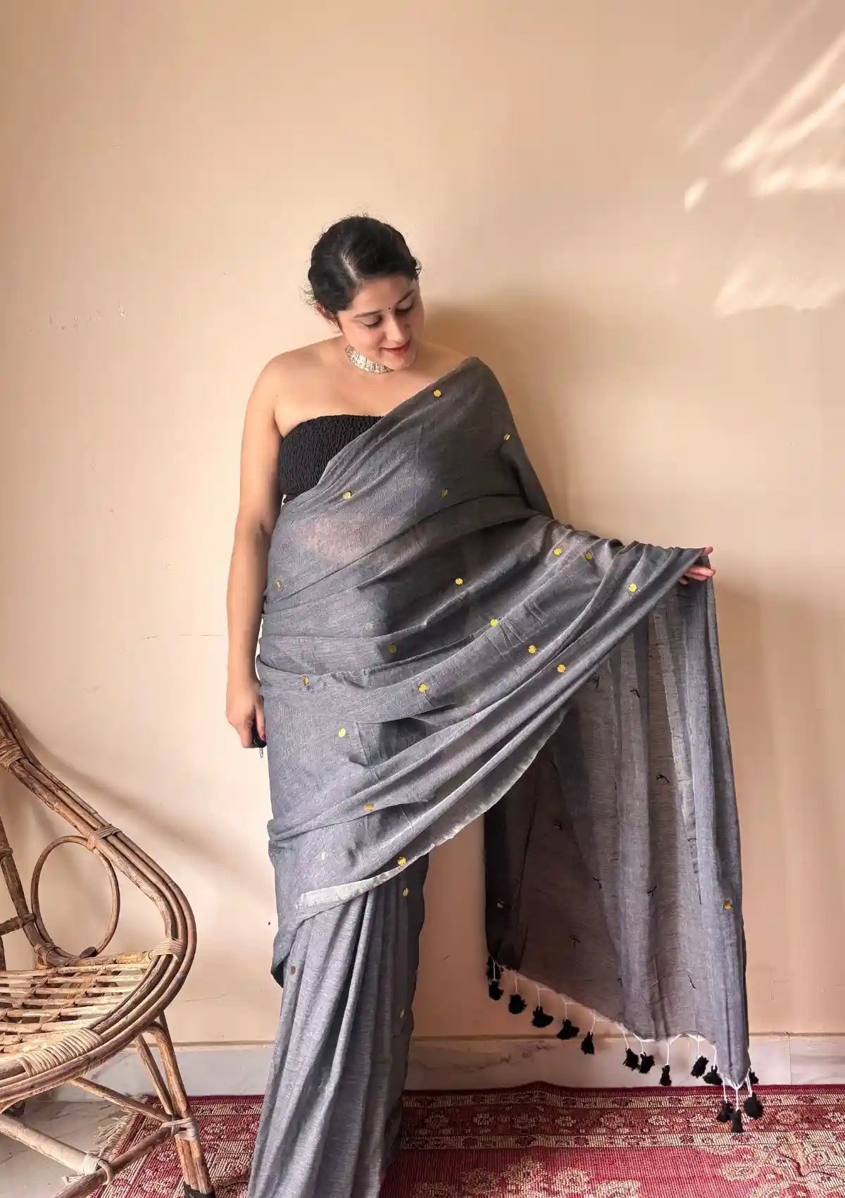 Vrishti | Charcoal Grey Handloom Cotton Saree with Sequin Details