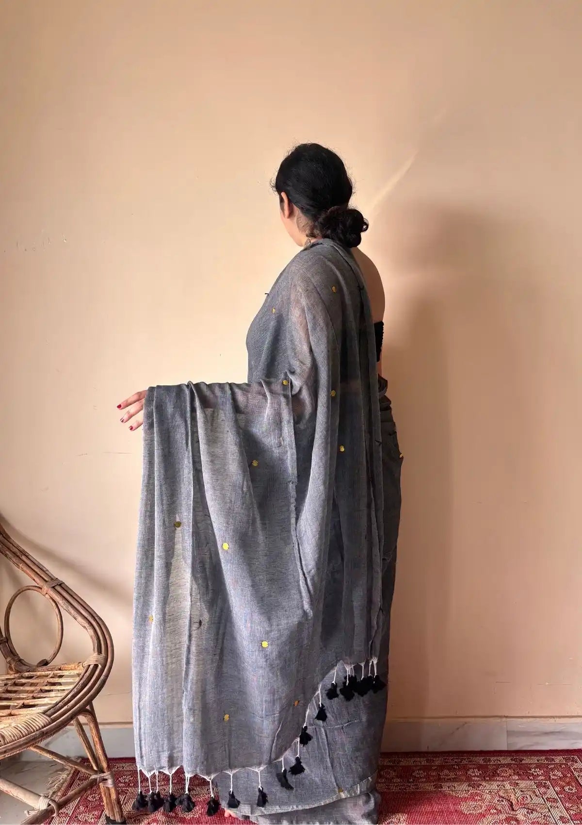 Vrishti | Charcoal Grey Handloom Cotton Saree with Sequin Details