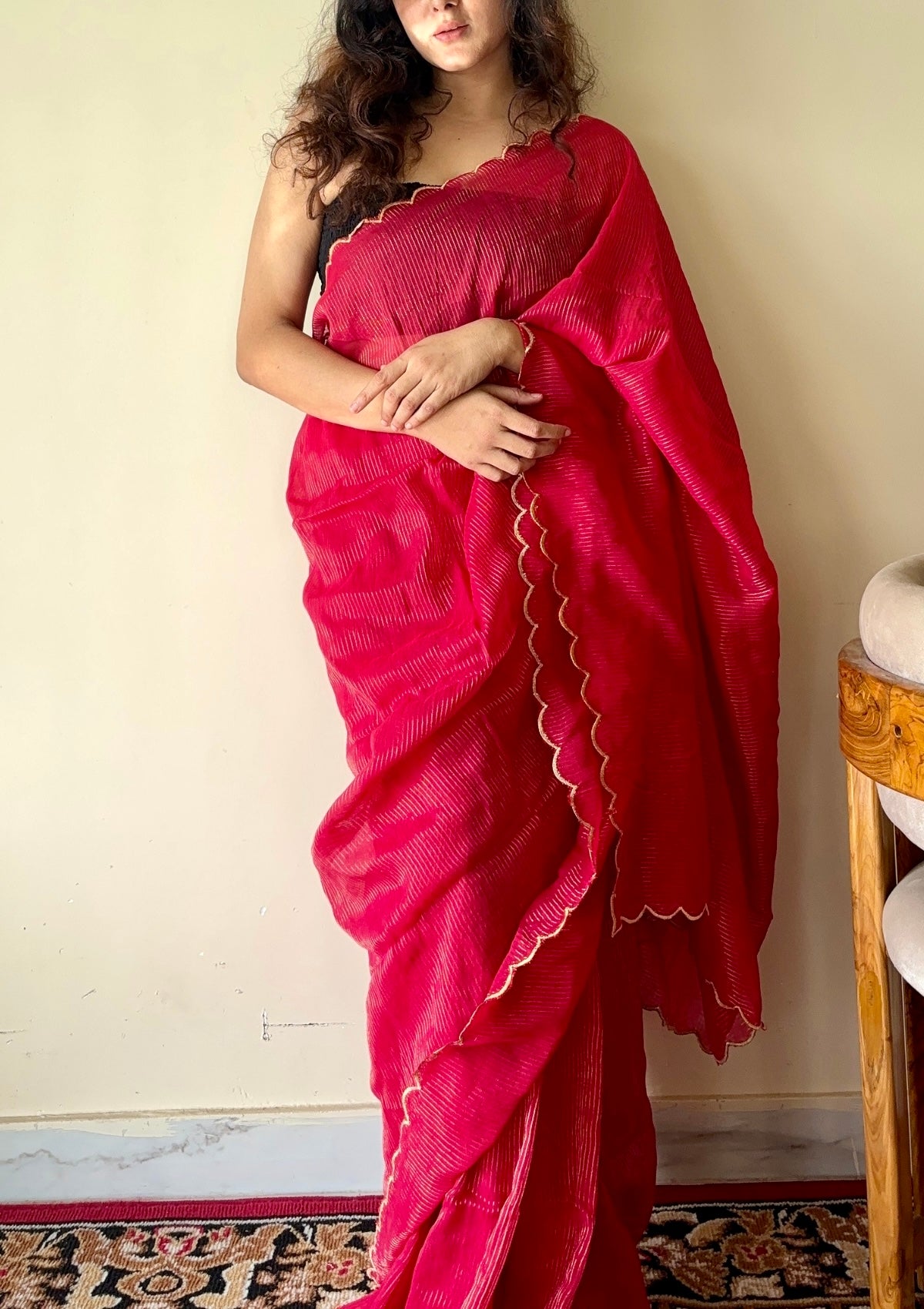 Aria Red Soft Mulmul Cotton Saree with Gold Stripes