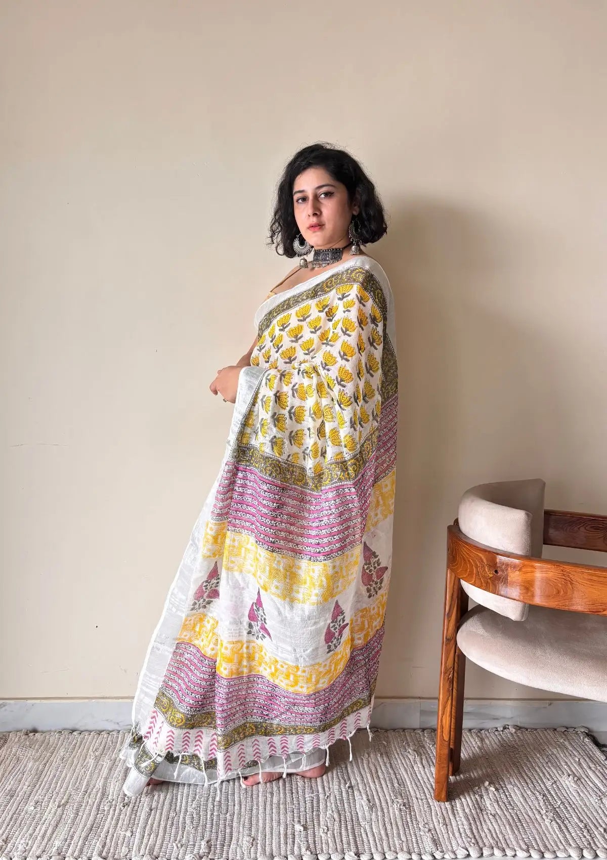 Basanti Linen Cotton Bagru Handblock Printed Saree | Yellow White