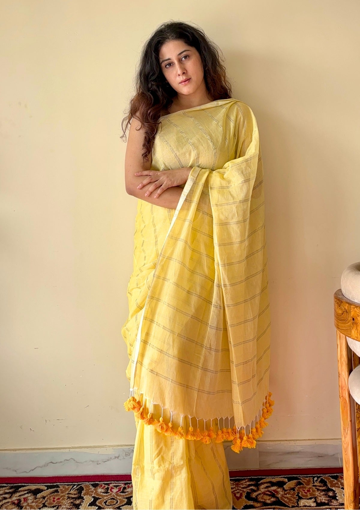 Harini Yellow Mulmul Cotton Gold Zari Striped Saree