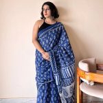 Nilambari Indigo Cotton Bagru Handblock Printed Saree | Blue