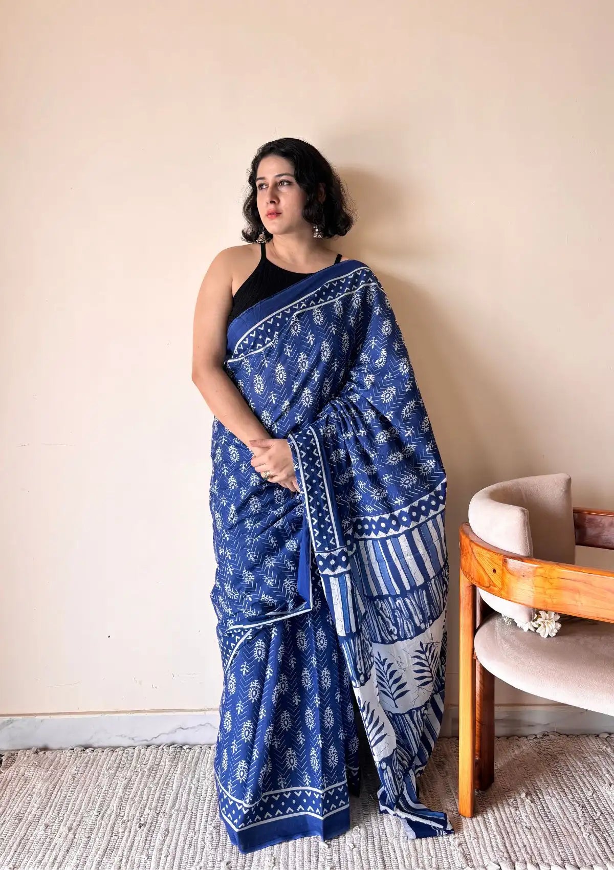 Nilambari Indigo Cotton Bagru Handblock Printed Saree | Blue