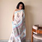 Hansini Linen Cotton Bagru Handblock Printed Saree | White Blue