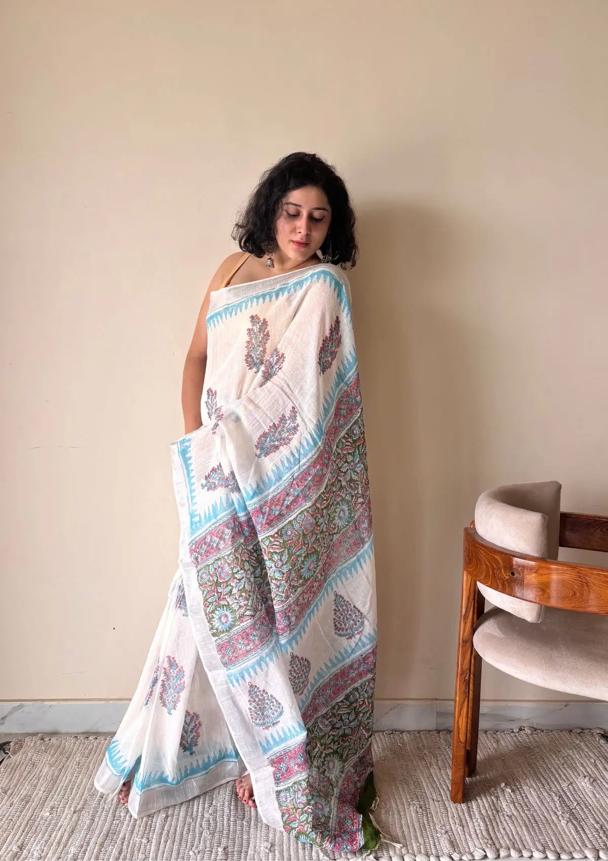 Hansini Linen Cotton Bagru Handblock Printed Saree | White Blue