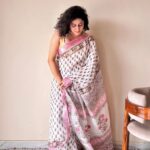 Bela Linen Cotton Bagru Handblock Printed Saree | White Pink