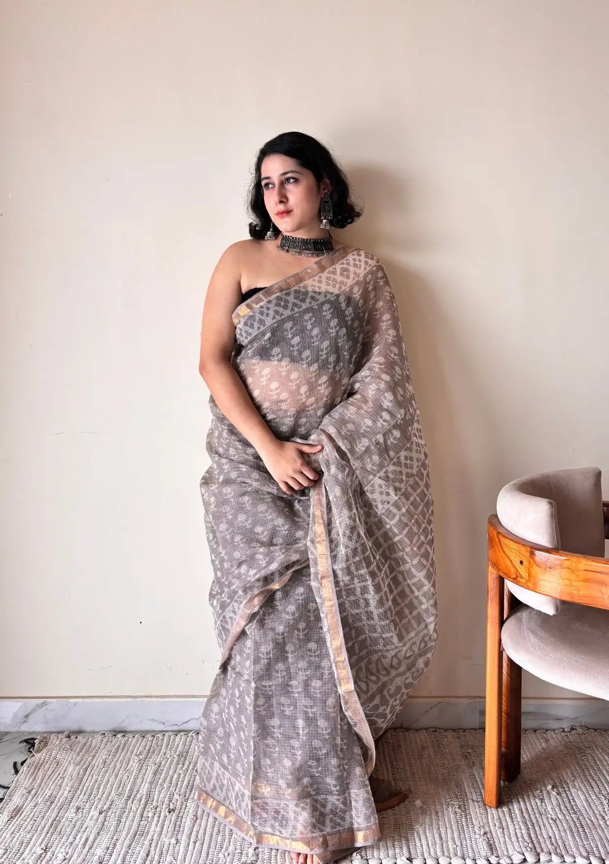 Meghna Kota Doria Cotton Silk Handblock Saree | Brown Grey