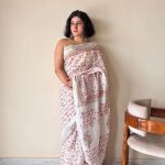 Manjiri Linen Cotton Bagru Handblock Printed Saree | White Pink