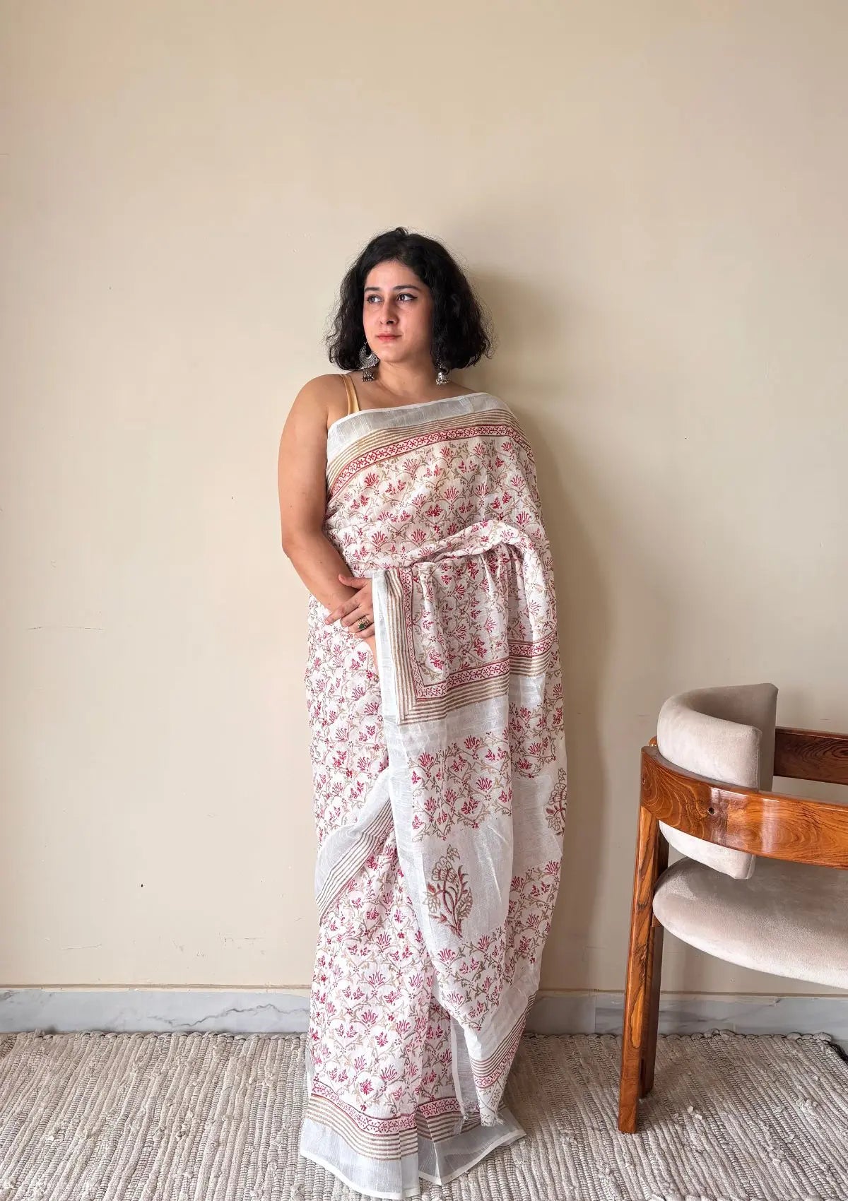 Manjiri Linen Cotton Bagru Handblock Printed Saree | White Pink