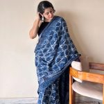 Varuni Indigo Linen Cotton Bagru Handblock Printed Saree | Blue